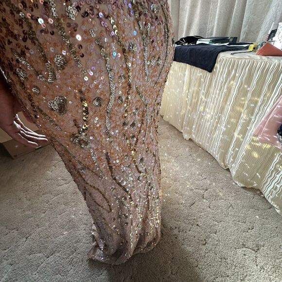 SCALA Size 2 Strapless Gold Sequin Beaded Silk Maxi Dress Gown Slit Zip - Picture 5 of 7